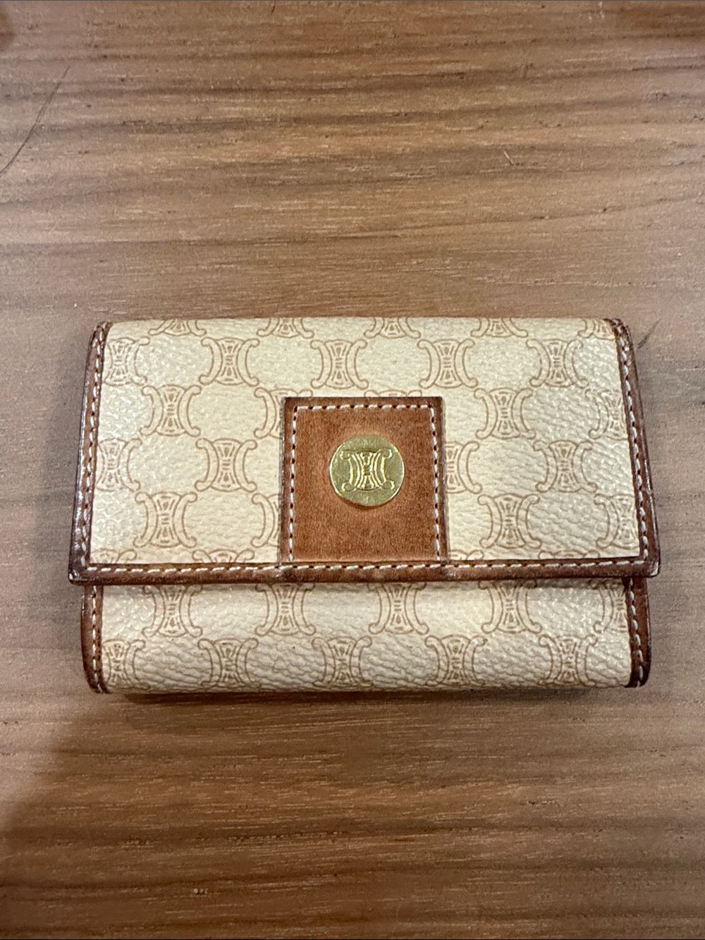 Celine Beige Canvas Triomphe Card Case with Brown Trim